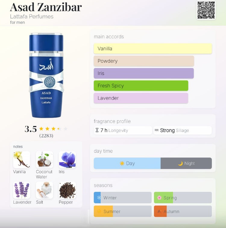 Lattafa Asad Zanzibar for Men Eau de Parfum Spray 3.4 Ounce